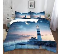 Microfiber Quilt Blue Duvet Cover Set with Zipper Closure and Corner Ties Bedding Duvet Covers Lighthouse under stars at sea theme Single Size, 2 Pillow cases (20" x 30")