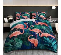 Microfiber Super King Quilt Cover Set 102x87 inch, Green Tropical Plants Duvet Cover Ultrasoft Hypoallergenic Pink Flamingo Duvet Covers Non Iron Luxury Bedding Set with Zipper and 4 Corner Ties
