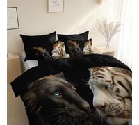 Microfibra cepillada Bedding, Negro, Cama 90-180 x 220 cm, 3 Piezas Estilo De Película León Tigre. Juego de Funda nórdica, Hipoalergénico, Variados, para niños y adultos