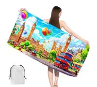 Microfibre Beach Towel 100 x 200 cm Beach Towel London Pattern with Pockets,Quick Dry,Lightweight Travel Swimming Towels,Yoga Gym Camping Beachs Essentials Accessories Gift for Women,Landscape,yj-342