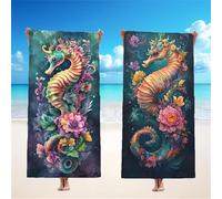 Microfibre Beach Towel Flower Beach Towels Seahorse, Extra Large 70x140cm 2 Pack Unique Snap Design Sand Free Quick Dry lightweight Travel Towel with Bag for Swimming Pool Bathroom Yoga Gym, Model141