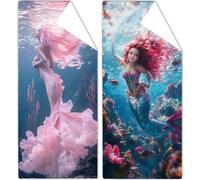 Microfibre Beach Towels 85x170cm Mermaid Beach Towel for Adults, 2 Pack Extra Large Microfibre Towel Cartoon Bath Towels with Net Bag, Double Sided Sand Free Compact Thin Holiday Pool Yoga OC-582