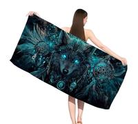 Microfibre Beach Towels for Adults, Wolf Beach Towels with Pockets, Quick Dry, Extra Large, Lightweight, Sand Free, Travel Holiday Gym Essentials Women Men Gifts, Dreamcatcher 80x160 cm,s-j486