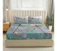 Microfibre Fitted Sheet Green Print Soft Breathable Super King Size Bedding Set - Animals Wildflowers Dragonfly Anti-Pilling Fade Resistant Fitted Bed Sheet with Elastic, 180 x 200 cm