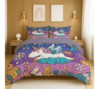Microfibre Polyester Colorful Duvet Cover Doodle Cute Unicorn Christmas Elements Decorative with Zip For kids girls teens and adults room Comforter Cover 260x220cm(102" x 90")