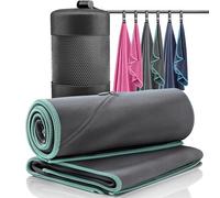 Microfibre Towel Set of 2 + Bag | Antibacterial Quick Dry, Lightweight + Phone Zip Pocket | Large & Small Soft Micro Fibre Towels for Sports Camping Beach Swimming Gym Fitness Travel Outdoor Bath Hair