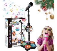Microphone and Stand Kids with Adjustable Stand, All-In-One Microphone Toy, Built-In Music, 5 Colorful Lights, Echo Effect, Kids Microphone and Stand, for Little Performers (Black)