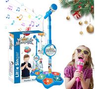 Microphone and Stand Kids with Adjustable Stand, All-In-One Microphone Toy, Built-In Music, 5 Colorful Lights, Echo Effect, Kids Microphone and Stand, for Little Performers (Blue)