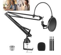 Microphone Arm Stand, Heavy Duty Mic Arm with Double-Layer Pop Filter,360° Adjustable Desk Mount Stand for Blue Yeti,Snowball,and Most Microphones,Complete Set with 3/8" to 5/8" Adapter and Cable Ties