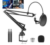 Microphone Arm Stand with Double-Layer Pop Filter & Mic Cap, Heavy Duty Boom Arm for Podcasting & Streaming, 360° Adjustable Desk Mount Fits Blue Yeti, Snowball, Most Mics up to 2kg