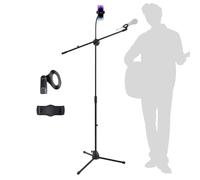 Microphone Floor Stand, Mic Stand Floor with Phone Holder Height Adjustable, Tripod Stable Stand with Boom Arm Dual Device Mount for Streaming, Podcasting, Recording, and Live Performances