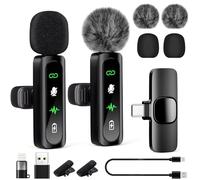 Microphone Mobile Phone for iPhone/Android/Computer, Pack of 2 Mini Microphone Wireless, Lapel Microphone with Noise Cancellation, Auto Pairing, for Live Streaming, Vlogging Video Recording, Tiktok