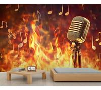 Microphone Wall Murals, Flame Large Mural, Passion Music Wallpaper for Bedroom, Microphone Wallpaper - 100x70cm (Not Peel n' Stick)