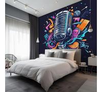 Microphone Wallpaper, Music Graffiti Wallpaper for Living Room, Bedroom, Non-Woven Decor Wall Paper, Photo Mural Dining Room, Hallway, Lounge, 250 x 175 cm qxf85