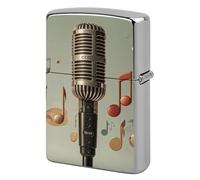 Microphone with Music Note Lighter Case Metal Protective Cover with Double-Sided Art Design, Cool Lighters Pouch Shockproof Lighter Cover for Men Women Gifts, Lighters Not Included