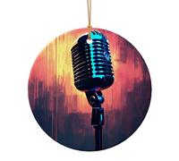 Microphone with Music Note Print Round Flat Hanging Ornaments for Christmas Winter New Year Party Hanging Decorations
