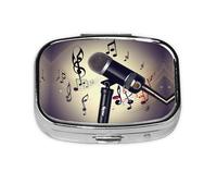 Microphone with Music Note Print Square Metal Pill Box Decorative Pill Case - Carry Your Meds in Style (Rectangular)