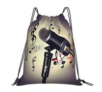 Microphone With Music Note Print Unisex Gym Sack Large Drawstring Backpack Waterproof Drawstring Bag For Climbing Holidays Beach