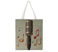 Microphone with Music Note Tote Bag, Aesthetic Canvas Tote Bag Reusable Grocery Shopping Bag for Women Men