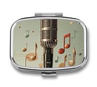 Microphone with Music Note Travel Pill Organizer - Daily Pill Box to Hold Vitamins, Portable Pill Case Cod Liver Oil Storage Box with 2 Compartment for Pocket Purse