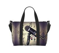 Microphone With Music Note Women Travel Duffel Bag, Large Weekender Carry-On Tote, Gym Workout Bag,Mommy Hospital Bag, Black, One Size