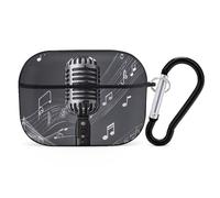 Microphone with Music Notes Airpod Pro Case AirPods 2 Case for Women Hard Shell Protective Cover with Carabiner Keychain Compatible with AirPods Case 2nd 1st Generation, Front LED Visible Black