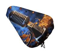 Microphone with Music Notes Bike Seat Cushion Cover Soft Padded Bike Seat Cover for Men Women Comfort, Waterproof Road Bikes Saddle Covers with Drawstring Replacement Exercise Seats Cushion for Mounta