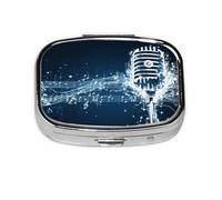 Microphone with Music Notes Mini Pill Box Metal Travel Medicine Organizer with 2 Compartments Pocket-Sized Pill Container