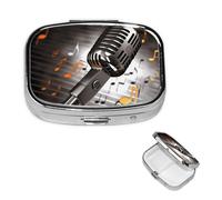 Microphone with Music Notes Pill Box 2 Compartment Square Portable Pill Case for Pocket or Purse Pill Holder Weekly Pill Organizer Decorative Metal Medicine Vitamin Organizer Travel Gift