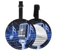Microphone with Music Notes Print Luggage Tag Round Leather Luggage Tag Easy Identification & Privacy Protection for Suitcases Easy to Identify Privacy Cover Id Label