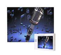 Microphone with Music Notes Printed 500 Pieces Jigsaw Puzzle with Storage Box, Wooden Puzzle for Adults and Kids, Family Fun Decorative Game, 52x38 CM