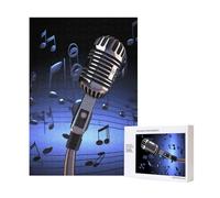 Microphone with Music Notes Printed Jigsaw Puzzle with Storage Box, Wooden Puzzle for Adults and Kids, 300 Pieces Family Fun Decorative Game