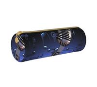 Microphone with Music Notes Printed Leather Pencil Case Round Pen Pencil Pouch Office Large Pencil Bag Stationery Box for Men Women Teens Students