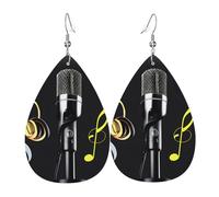 Microphone With Music Notes Teardrop Faux Leather Earrings Set For Women Printed Lightweight Dangle Drop Pierced Girls