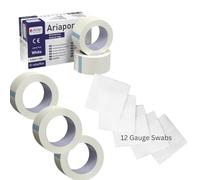 Microporous Medical Tape Waterproof, 3 Rolls 2.5cm x 10m with 12 gauze swabs - Hypoallergenic Surgical Tape for Wound Care, Dressings & Face, First Aid Waterproof Bandage for Sensitive Skin