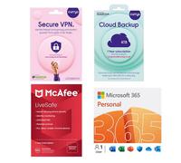 Microsoft 365 Personal (12 months automatic renewal for 1 user), Secure VPN (1 year, Download), Cloud Backup (4 TB, 1 year) & LiveSafe (1 year for unlimited devices) Bundle