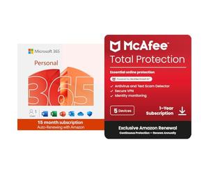 Microsoft 365 Personal | 15-Month | 1 User | Office Apps & 1TB Cloud | PC/Mac + McAfee Total Protection | 5 Devices | Antivirus & VPN | Password Manager | PC/Mac/Mobile | 12-Month