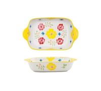 Microwave Cheese Baked Rice Baking Dish Ceramic Rectangular Hand-Painted Flowers Home Microwave Oven Special Baking Baking Bowl for Wedding Gift(Blue)