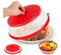 Microwave Cover, Collapsible Microwave Food Cover with Hook Microwave Splatter Cover, Multi-Functional Microwave Lid Basket Strainer for Fruit Vegetables Kitchen Cooking (Red)