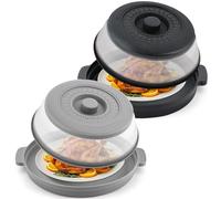 Microwave Food Splatter Cover & Anti-scald Base Mat,Large Plastic & Silicone Vented Avoid Scalding Collapsible Guard Lid, Plate Holder & Kitchen Colander for Meal Prep-10.7 Inch (2pcs-Gray-Black)