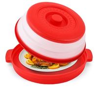 Microwave Food Splatter Cover & Base Mat,10.5 Inch Large Plastic & Silicone Vented Collapsible Guard Lid, Plate Holder & Kitchen Colander for Meal (Red)