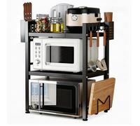 Microwave Oven Rack, 3 Tier Extendable Kitchen Countertop Organizer with 6 Hooks, Adjustable Metal Microwave Stand, Heavy Duty Storage Rack for Toaster, Microwave, Pots, Spices, Tableware Storage