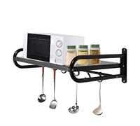 Microwave Oven Rack Black Wall-Mounted Microwave Oven Shelf Stainless Steel Bracket Wall-Mounted Hanging Kitchen Utensils Storage Shelf with 6 Hooks, Shelf Holder Organizer for Homes and Restaurants