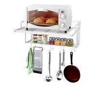 Microwave Oven Rack, Wall Mounted Aluminum Hanging Microwave Oven Rack Double Layers Microwave Shelf Kitchenware Rack Multifunctional Microwave Bracket with Protective Rail, 21.6 X 15.1 X 9.84in