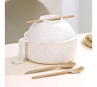 Microwave-Safe Instant Noodle Bowl - Heat-Resistant Plastic Bowl with Lid & Fork, Non-Slip Base, Leak-Proof Design, Perfect for Ramen/Instant Meals, Quick Lunch Dinner UK (Beige 1)