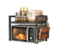 Microwave Shelf Extendable Microwave Cabinet Organiser: 2-Tier Oven Rack Kitchen Shelf Standing Spice Rack for Worktop Bakery Shelves Organiser (Black + Hook + Chopping Board Holder)