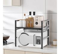 Microwave Shelf Stand Expandable Oven Rack Storage Kitchen Organizer Counter Cabinet Holder Adjustable Width Height with 6 Hooks