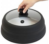 Microwave Splatter Cover 10.8 Inch, Collapsible Cookware Lid with Handle | Silicone and Tempered Glass, Heat Resistant Handle, 1 Steam Hole, Machine Washable, Easy to Store for Home Kitchen, Black