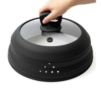 Microwave Splatter Cover 10.8 Inch, Collapsible Cookware Lid with Handle | Silicone and Tempered Glass, Heat Resistant Handle, 15 Steam Holes, Machine Washable, Easy to Store for Home Kitchen, Black