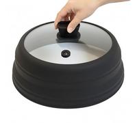 Microwave Splatter Cover 9.8 Inch, Collapsible Cookware Lid with Handle | Silicone and Tempered Glass, Heat Resistant Handle, 1 Steam Hole, Machine Washable, Easy to Store for Home Kitchen, Black